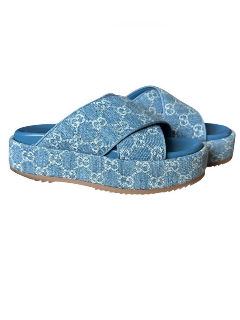 Gucci Light Blue Denim GG Canvas Platform Slide Sandals 7.5 (36.5)